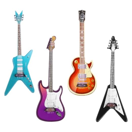 4 miniguitarras hinchables, decoraciones de simulación madera 1:12, coloridas (Lila, Azul, Marrón, Negro), para mini salas de música, decoración del hogar