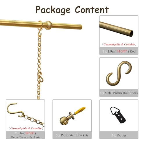 Image of UrbanUp Picture Rail Hanging System Gallery System Picture Rail Art Hanging Kit, Gold Picture Hanging Hardware, French Style Picture Hanging String, Adjustable Art Hangers(1.9m(74.8 inch) Rod)