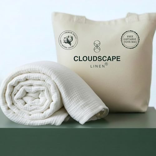 CLOUDSCAPE LINEN Luxury 100% Cotton Muslin Throw Blanket, 4 Layer Extra Large 50x70in, Perfect for Couch, Sofa, Home Decor, Soft Cotton Gauze Travel Blanket, Winter Cozy Throw, All Season White