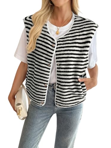 Fisoew Womens Fuzzy Fleece Vest Striped Sleeveless Winter Jackets Button Down Sherpa Vest Outwear With Pockets