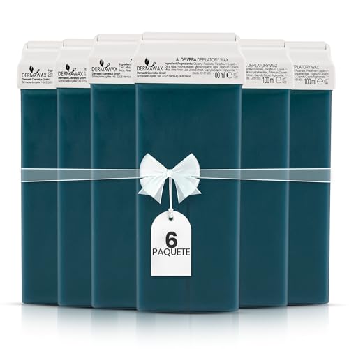 Dermawax 6 x 100 ml Cartuchos de Cera Tibia Roll-On Aloe Vera – Recambio de Cera Depilatoria para Depilación Eficaz y Suave, Ideal para Hombre y Mujer, Cuidado de la Piel Sensible (600 ml, Aloe Vera)
