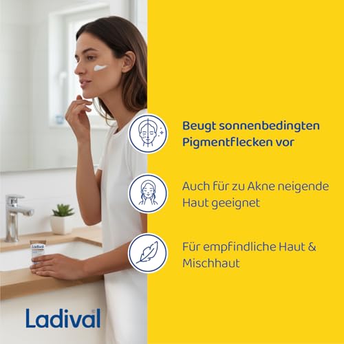 Ladival Przeciwpigmentacyjny krem przeciwsłoneczny do twarzy LSF 50+ – przeciwko plamom pigmentowym z niacynamidem i witaminą E, 4-krotna ochrona komórek, ochrona przed promieniowaniem UVA i UVB, 50