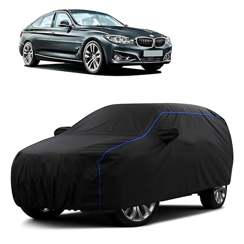 Image of Sulfar 100% Water Resistant Car Body Cover Compatible with Mirror for BMW 3 Series GT (Triple Stitched, Full Bottom Elastic, Black Tafetta with Blue Piping)