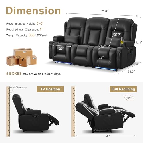 Image of URRED Power Loveseat Recliner Sofa with Massage and Heat, Wall Hugger Reclining Loveseat with Console, RV Couch Home Theater Seating with LED Lights for Living Room (Black, 76.8 inch - 3 Seats)