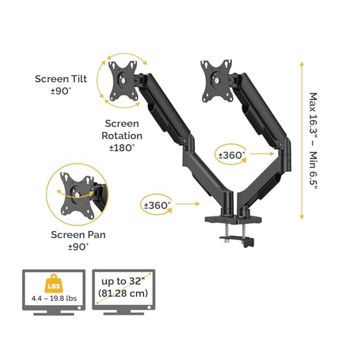 Image of Fellowes Everyday Plus Dual Gas Spring Monitor Arm Holds Two Screens up to 32 inch Weighing 4.4-19.84 lbs ea, Height Adjusting, Tilt, Swivel, Rotate, VESA 75 /100, Clamp or Grommet Mount, Cable Management