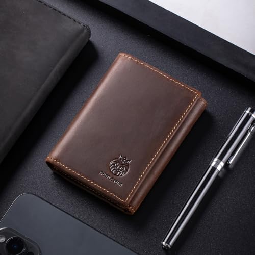 Image of Trifold Wallets for Men RFID Blocking Full Grain Leather Short Mens Wallet with Snap Closure, 8 Card Slots, Clear ID Window, Brown