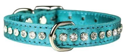 Image of Signature Leather Crystal Dog Collar, Metallic Platinum Solid Grain Leather, Fits 7.5 inch-9.5 inch Neck Size, 12 inch Overall Length