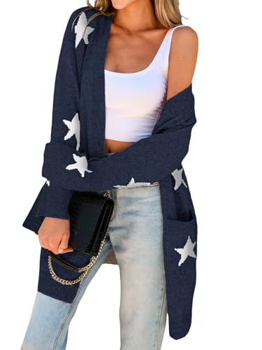 CUPSHE Womens Long Sleeve Cardigan Sweater Knit Button Down Open Front Sweater Coat Star Print Outwear with Pockets Navy, M