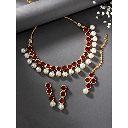 Image of Peora Crystal Faux Pearl Kundan Necklace & Jewellery Set Gift for Women