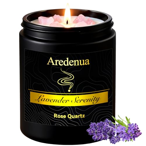 Aredenua Lavender Candle for Sleep and Stress Relief, Rose Quartz Crystal Healing Candle with Natural Soy Wax, Scented Candle for Relaxation, 7oz Long