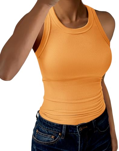 GKBK Womens Tank Tops High Neck Sleeveless Ribbed Tank Casual Basic Thick Strap Slim Fitted Racerback Shirts Orange XS
