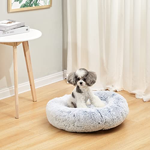 Image of Bedfolks Calming Donut Dog Bed, 23 Inches Round Fluffy Dog Beds for Small Dogs, Machine Washable Anti-Anxiety Plush Puppy Bed（Light Blue, Small）
