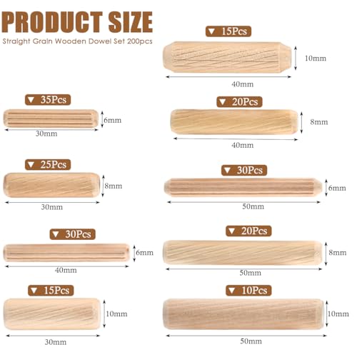 BUGYOO 200Pcs Wooden Dowel Pins with Tapered End with Bevel Angle Groove Wood Peg - 9 Sizes, Small Wooden Dowels Fluted Dowel Pins Assorted Used for Crafts, Furniture, Door, Woodworking - Thumbnail 2