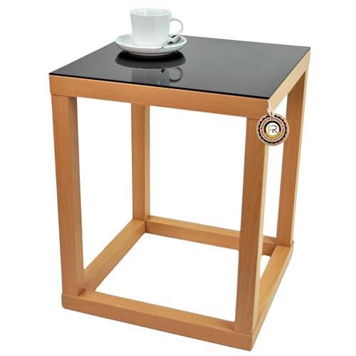freeroom24, Beistelltisch, Wohnzimmertisch, Couchtisch, Coffee Table, Kleiner Kaffeetisch, Blumenhocker, Blumensäule, Cube, Holzoptik Buche Nachbildung, Glas schwarz, 40 x 40 x 60cm, Made in Germany