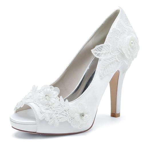 Chaussures de Mariée Femme Blanche Escarpins à Talon Haut Chaussure Mariage Talon Femme Bout Ouvert Chaussures de Mariage,Blanc,40 EU