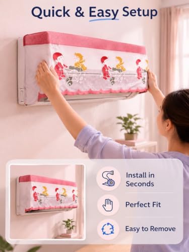 Image of Premium Cotton Net Split AC Cover for 1.5 Ton Indoor Unit | Designer Summer AC Dust Protection Cover | Stylish Protective AC Cover | 38 x 15.35 x 7.8 In | Pink Kids
