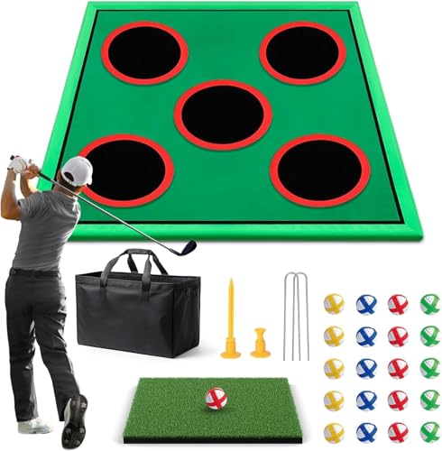 Golf Game Play Set, Golf Chipping Cornhole Game for Adults with 1 Club, 5 Hole Covers, 20 Balls, Putting Mat & Carry Bag, Indoor Outdoor Lawn Backyard Gifts for Men
