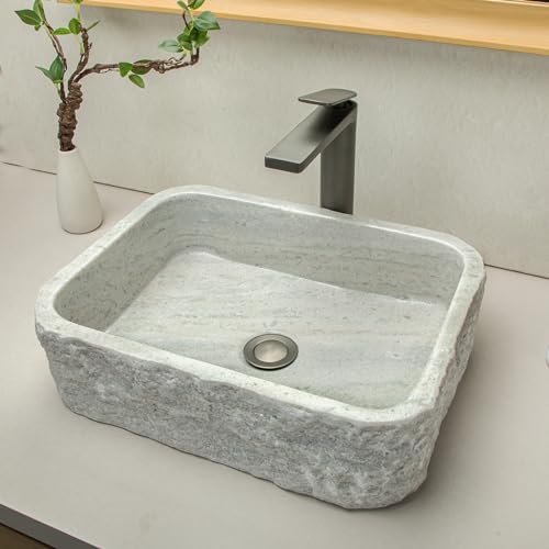 100-Handcrafted-Stone-Vessel-Sink-with-Rectangular-White-Striped-Design-Rustic-Farmhouse-Style-for-Bathroom-Vanity-or-Countertop-Medium-Sized 100 Handcrafted Stone Vessel Sink with Rectangular White Striped Design Rustic Farmhouse Style for Bathroom Vanity or Countertop Medium Sized