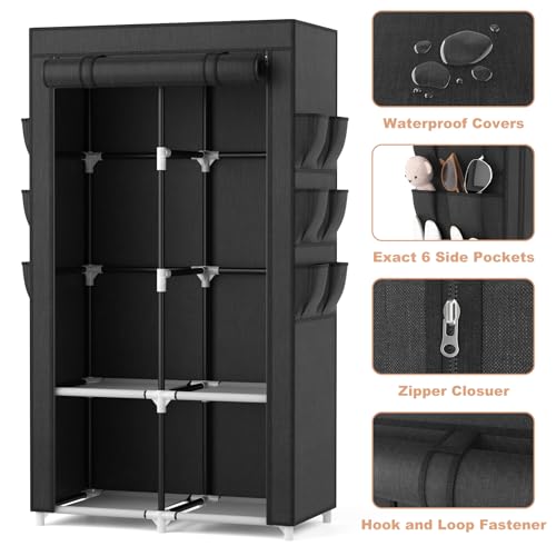 VTRIN Portable Closet Wardrobe Closet for Hanging Clothes with 4 Storage Shelves, 2 Hanging Rods and 6 Pockets, Stable and Easy Assembly Clothes Rack with Cover Free Standing Closet for Bedroom, Black - Image 5