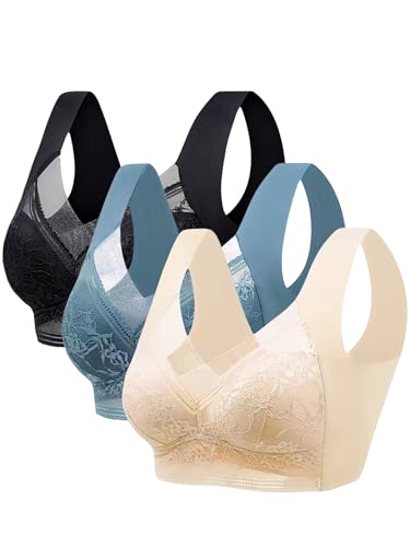 3pcs Set Wireless Bras for Women Floral Contrast Lace Comfy & Breathable Full Coverage Support Women's Bras for Everyday Wear