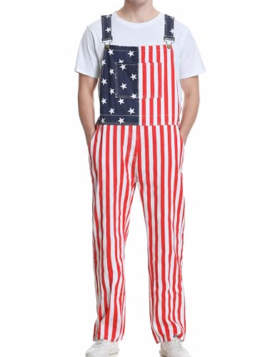 Bindefon American Flag Overalls for Men Women 4th of July Patriotic Jumpsuits Red White Blue Stripes Coveralls with Pockets