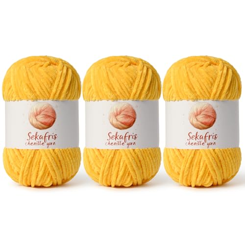 Image of Chenille Yarn for Crocheting, Size 5 Bulky,3 Golden Yellow | 300g /393yds Soft Chunky Velvet Yarn for Crochet and Knitting,Fluffy Baby Yarn for Amigurumi,Blankets and DIY Crafts.
