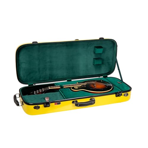 Image of Crossrock Fiberglass Mandolin Case - Oblong for A & F-Style (Universal Fit) | Yellow Gloss, Forest Green Velvet, TSA Lock, Hygrometer, Backpack Straps - Pro Travel Series
