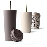 MAMEIDO Thermobecher mit Strohhalm 700 ml, Trinkbecher mit Deckel und Strohhalm aus Edelstahl doppelwandig isoliert, auslaufsicher, Coffee to go Becher (Taupe Grey)