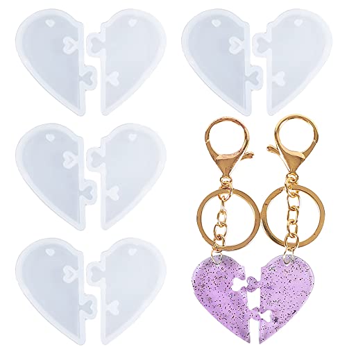 Weenkeey 4 pares moldes resina corazón para parejas llaveros en forma corazón molde silicona dividido para joyas molde fundición corazón amor molde epoxi para manualidades colgantes