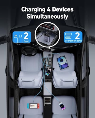 Image of 120W Fast Car Charger (2026 New Version) with 80CM Retractable Type-C Charging for 4 Devices - Universal Car Mobile Charger for All Smartphones & Tablets (Car Charger) (120W)