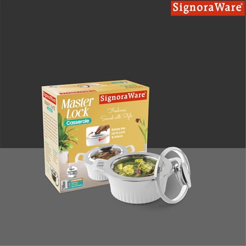 Image of SignoraWare Master Lock BPA Free Plastic Casserole with Glass Lid | Airtight & Leakproof | Microwave Safe | Perfect for Home, Kitchen & Gifting | Ideal for Storing & Serving Hot Meals (1 Ltr |White)