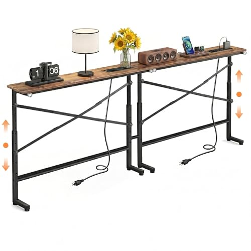 Tademis 78.8inch Adjustable Height Narrow Sofa Side Table with 2 Power Outlets, Couch Behind Table for Small Space, Hallway, Entryway, Bedside, Bedroom, Stable, Easy to Assemble & Clean(Rustic Brown)