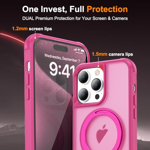 Image of Compatible with iPhone 15 Pro Case with Stand 6.1 inch,Rose Red | Matte Translucent Phone Case for iPhone 15 Pro,360 Magnetic Ring Stand,Compatible Mag-Safe,Military Grade Protection