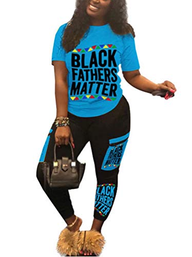 Women Plus Size Casual 2 Piece Jumpsuit Word Print Short Sleeve Crew Neck Tee Tops High Waisted Pants Sweatsuit Set Blue XXL