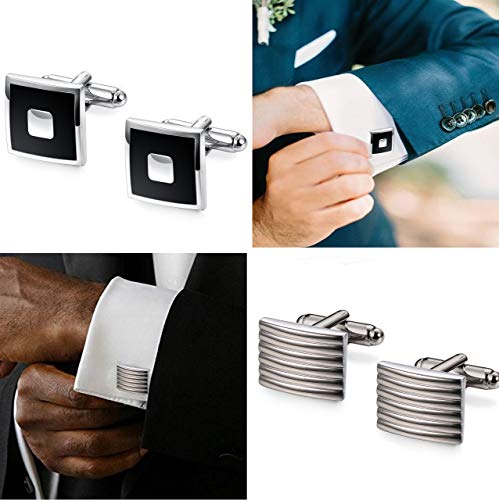 Image of FIBO STEEL Cufflinks for Men Classic Black Cufflink Set Unique Round Square Rectangle Cuff Links for Business Shirt Formal Wedding Tuxedo Groom Suit Accessories Men Present