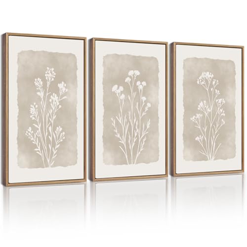 KUVIOKE Boho Botanical Flower Framed Wall Art Farmhouse Vintage Floral Wall Painting Rustic Wildflower Neutral Prints Artwork Home Decor 11x14in (Natural Framed)