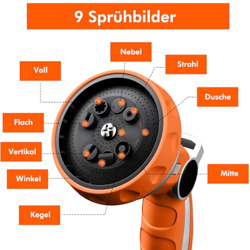 Restmo Garten Wasserspritze, Robuste Metall Gartenbrause zur Reinigung und Bewässerung, Hochdruck Bewässerungsbrause zum Autowaschen, 9 Muster, Daumenflusskontrolle, Einhandbedienung, Orange – Bild 3