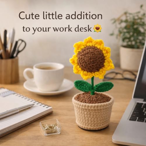 Image of Handcrafted Crochet Flower Pot | 7 Inch Handmade Wool Flower Plant | Premium Soft Yarn Decor | Cute Desk & Home Decoration | Unique Gift for Birthday, Anniversary & Valentine (Sunflower)