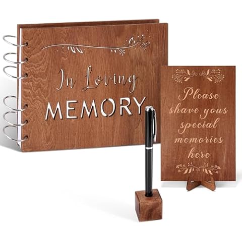 LYOOmaLL Wooden Funeral Guest Book for Memorial Service, Celebration of Life Guest Book, Sign in Book for Funeral, Hardcover in Loving Memory Guest Book Set with Guest Book, Table Sign, Sign in Pen Cover