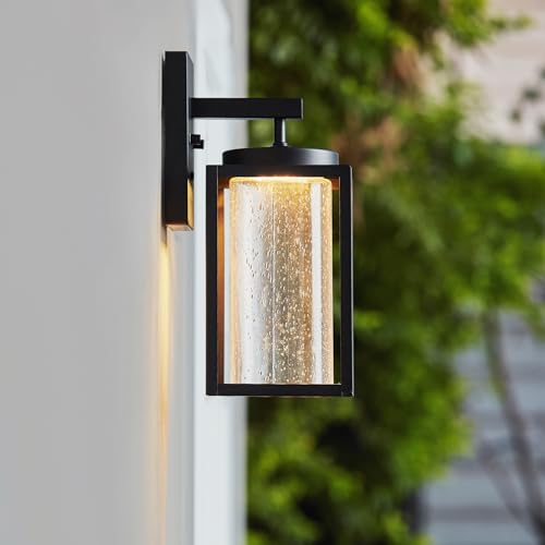 Image of Globe Electric 44359 Capulet LED Integrated Outdoor Indoor Wall Sconce, Black, Clear Bubble Glass Center Column, Dimmable, 12W, 850 Lumens