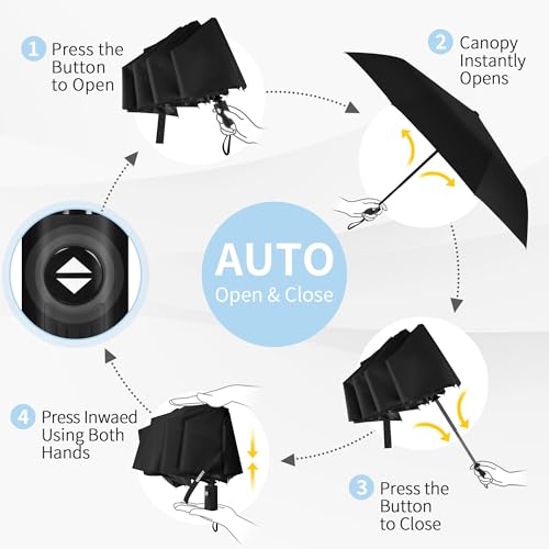 Image of Seniny Windproof Travel Umbrella, Automatic Umbrellas for Rain, Portable & Compact Umbrellas for Backpack, Strong UV for Protection, Folding Small Sun Umbrella for Car, Walking, Black, 42.5 x 23