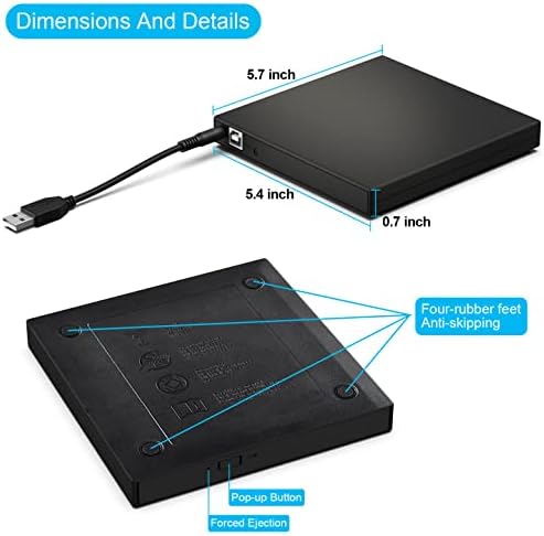 External CD DVD Drive, USB 2.0 Slim Protable External CD-RW Drive DVD-RW Burner Writer Player for Laptop Notebook PC Desktop Computer, Black