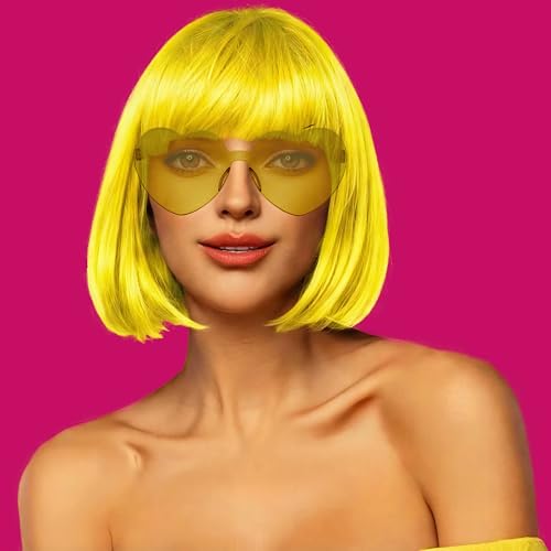 Image of LIULIUBTY Short Bob Hair Wigs Straight with Flat Bangs Synthetic Colorful Cosplay Daily Party Neon Wig for Women with Wig Cap 12 inch Natural As Real (Yellow)