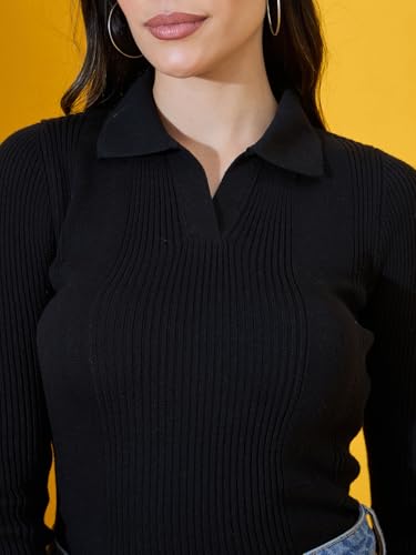 Image of 98 Degree North Women Spread Collar Sweater-G1577-BLACK