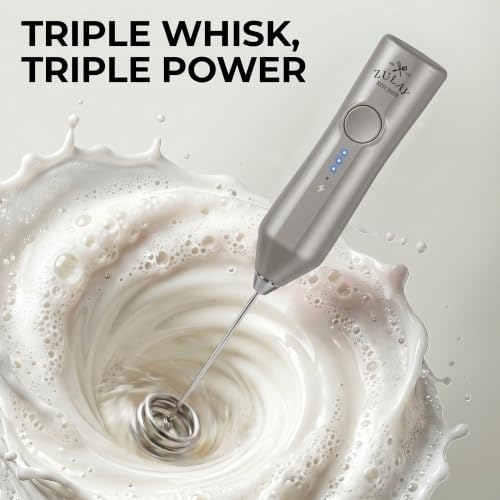 Image of Zulay Kitchen Rechargeable Milk Frother Handheld - Frother Wand, Drink Mixer, Electric Whisk Frother, for Cappuccinos, Matcha & Protein Powder - Dynamic Triple Whisk, 3 Speed 500mAh Light Gray