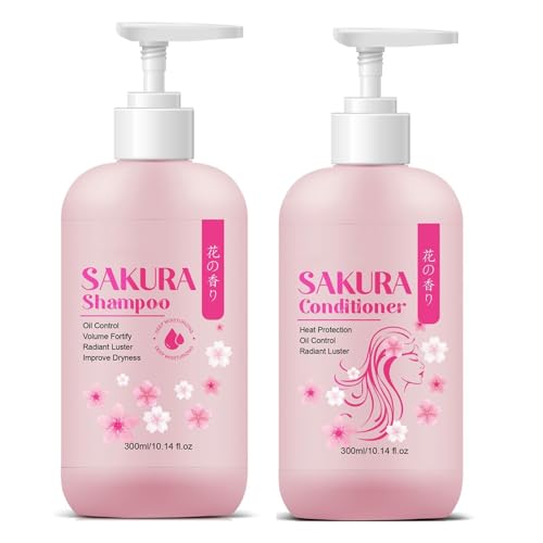 Sakura Shampoo + Conditioner Set, Japanese Shampoo,with Cherry Blossom Extract & Vitamin E, Clarifying - Volumizing Clarifying, Hydrating and Thickening Hair Care, Repairs, Shine