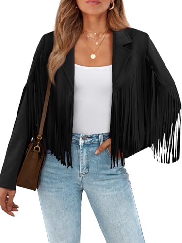 LILLUSORY Womens Cropped Fringe Faux Suede Leather Fall Jackets Western Cowgirl Costume Country Concert Outfits Black M