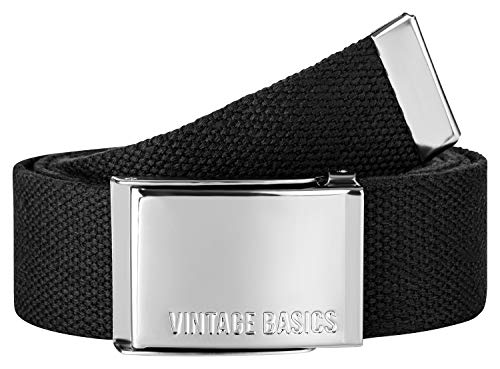VINTAGE BASICS Unisex Stoffgürtel 130cm lang - 3,8cm breit - Herren und Damen Gürtel - Stufenlos verstellbarer Canvas Belt - Metallschnalle Schwarz