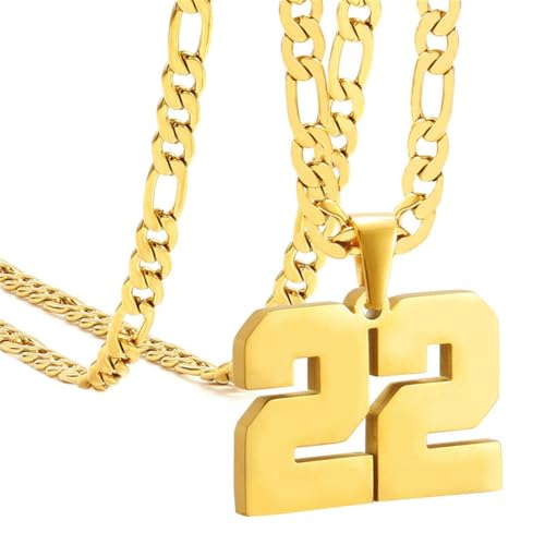 HIJONES Herren Edelstahl Basketball Fußball Baseball Mannschaft Nummer Anhänger Chunky Kette Sport Halskette Gold 22 HIJONES Herren Edelstahl Basketball Fußball Baseball Mannschaft Nummer Anhänger Chunky Kette Sport Halskette Gold 22