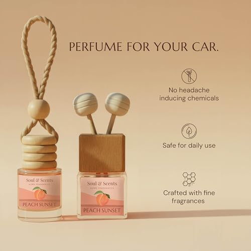 Image of Soul & Scents 16ml Luxury Car Perfumes Sweet Peach | Peach Sunset | 2-in-1 Hanging Pod & AC Vent Air Freshener | Premium Wooden Car Fragrance Accessory | Long Lasting Odour Eliminator | Pack of 2